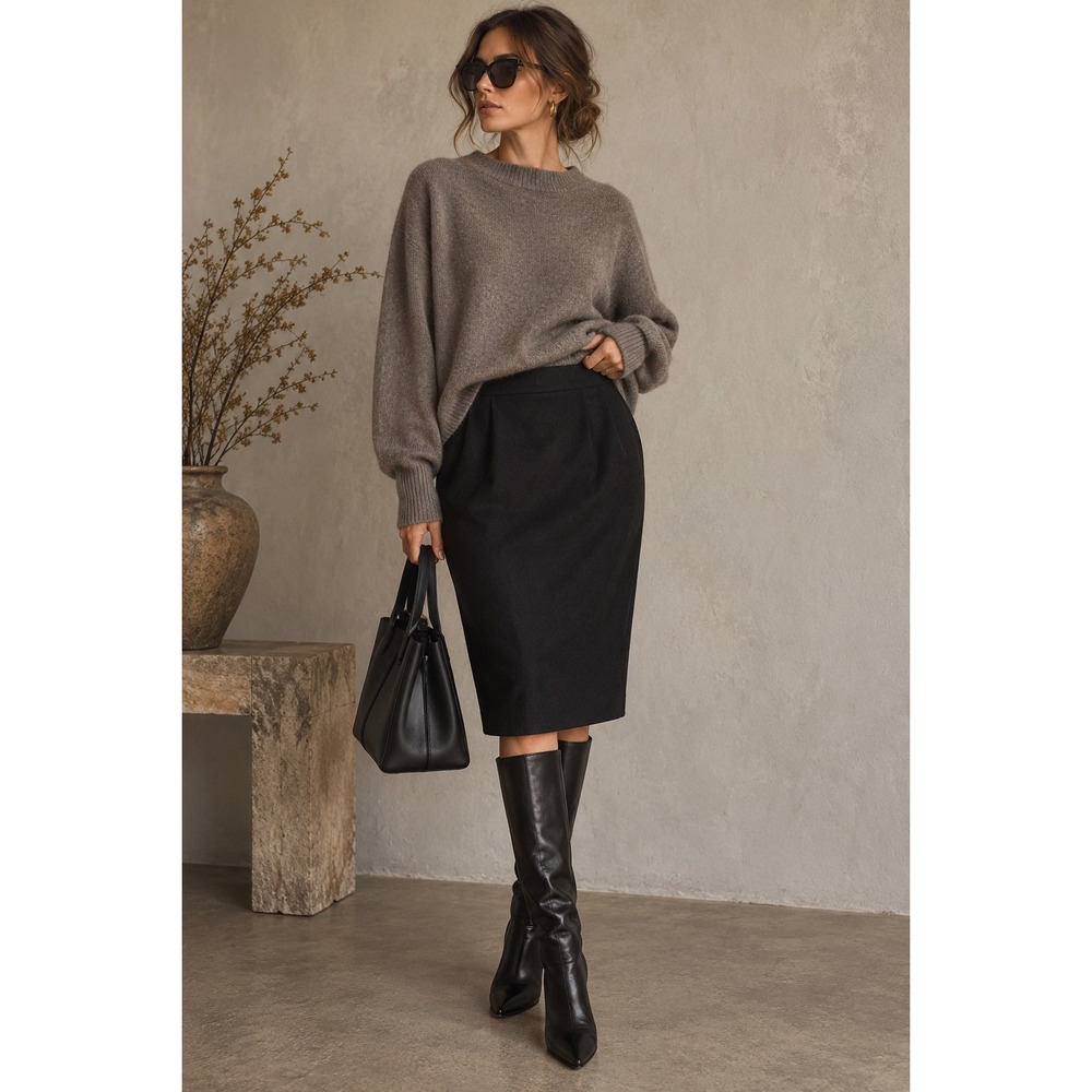 Genny Italy Black 100 % Wool Pencil Skirt High Waist  Italian 46 US 10‎ Vintage